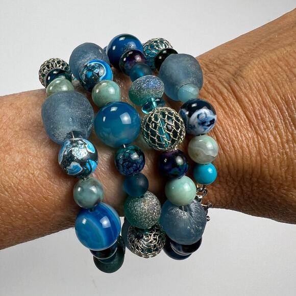 Hand Beaded Coil Statement Bracelet Beachy Turquoise Beads and Mixed Metals - Picture 6 of 10